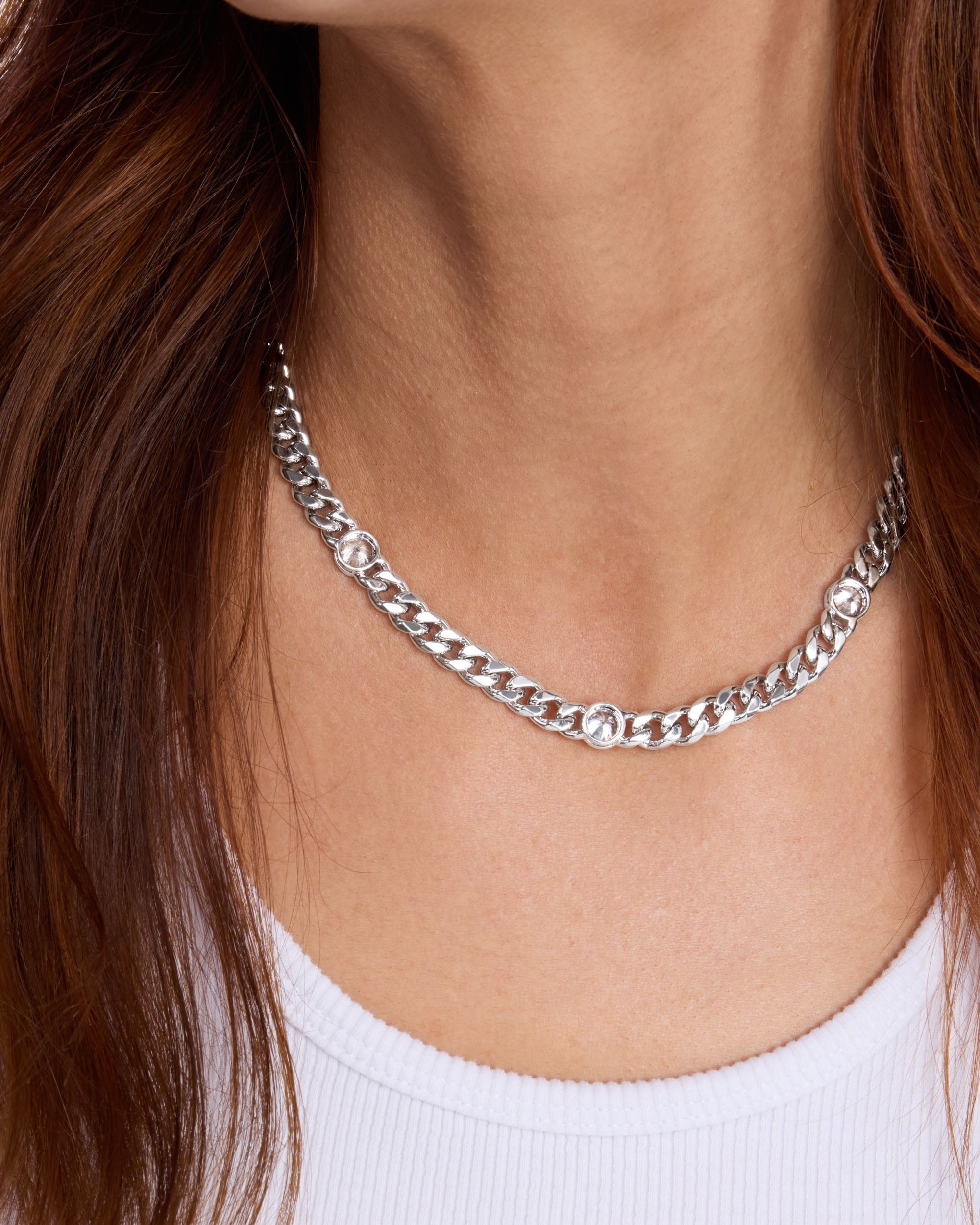 Julian Triple Diamond Necklace 16" - Silver|White Diamondettes