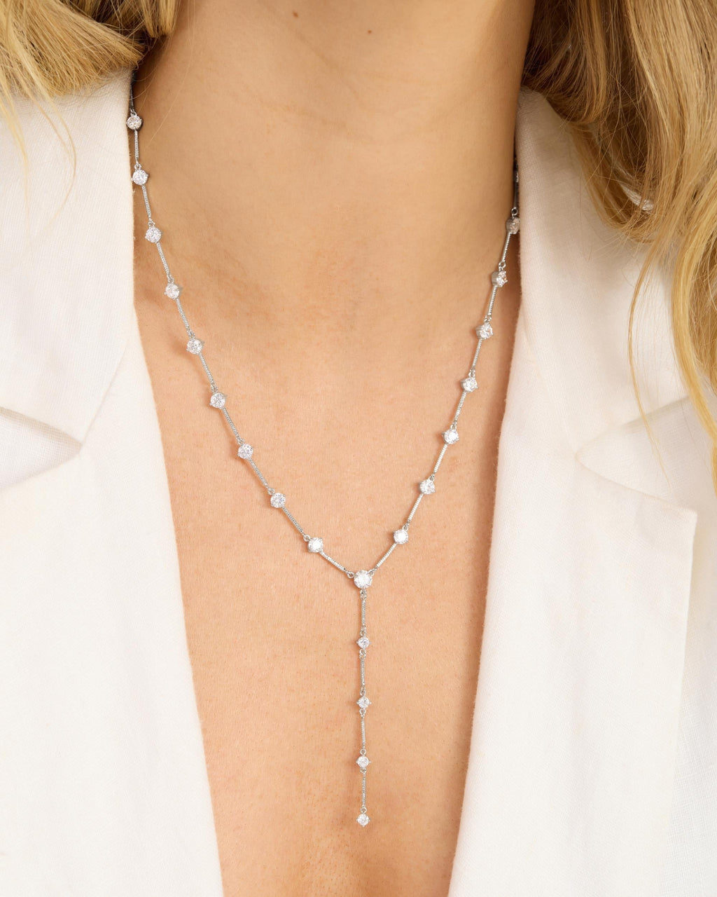 Lavish Lariat Necklace - Silver|White Diamondettes