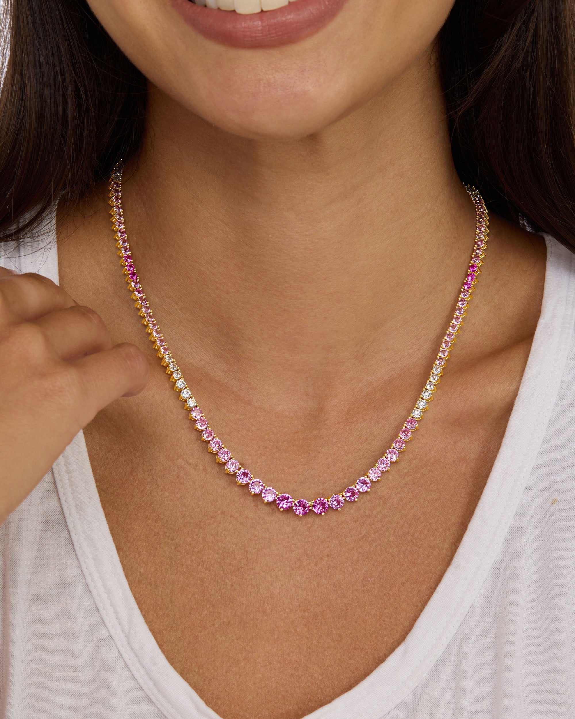 Not Your Basic Graduated Ombré Tennis Necklace 18" - Gold|Pink Sapphire Ombré