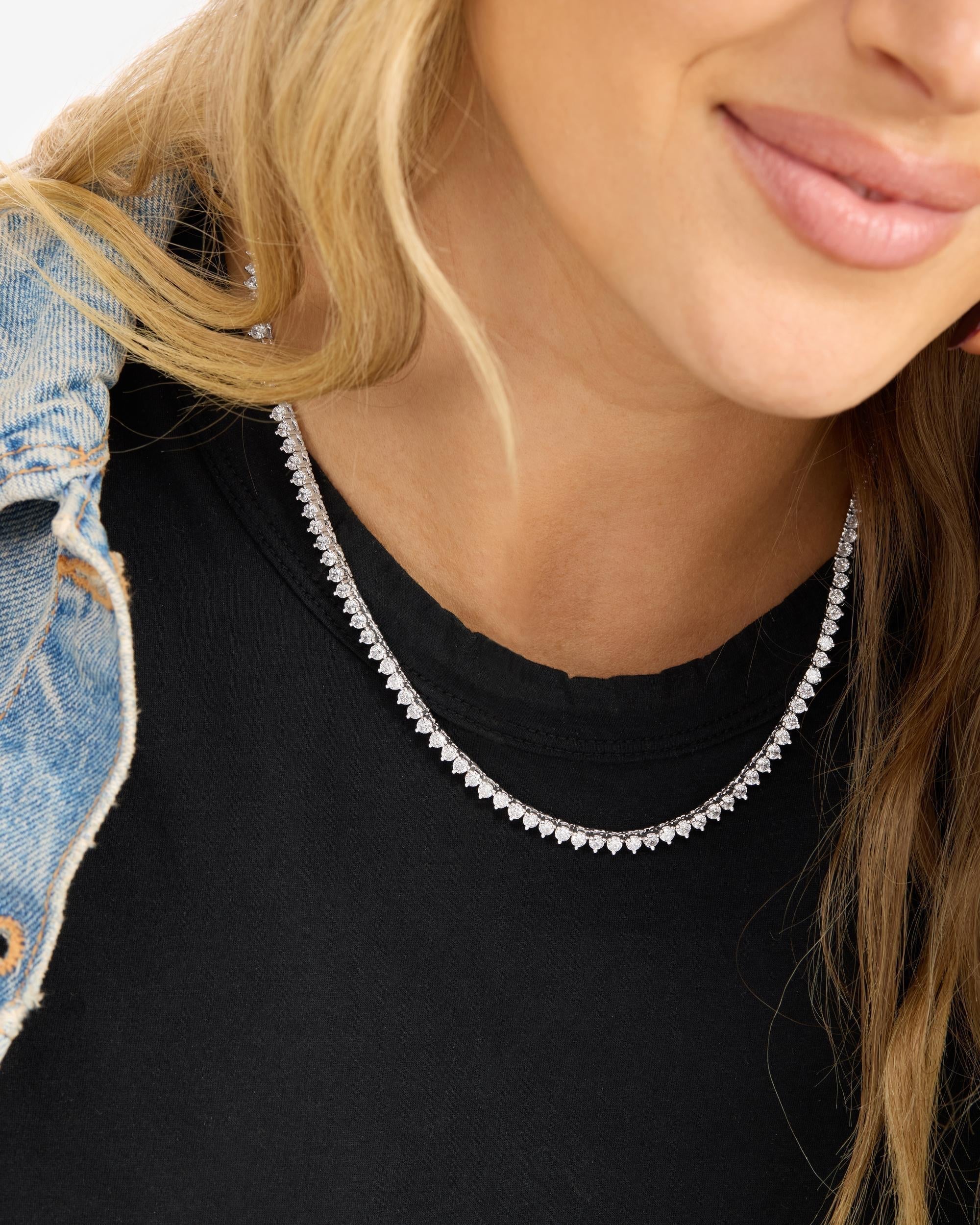 Not Your Basic Tennis Necklace 18" - Silver|White Diamondettes