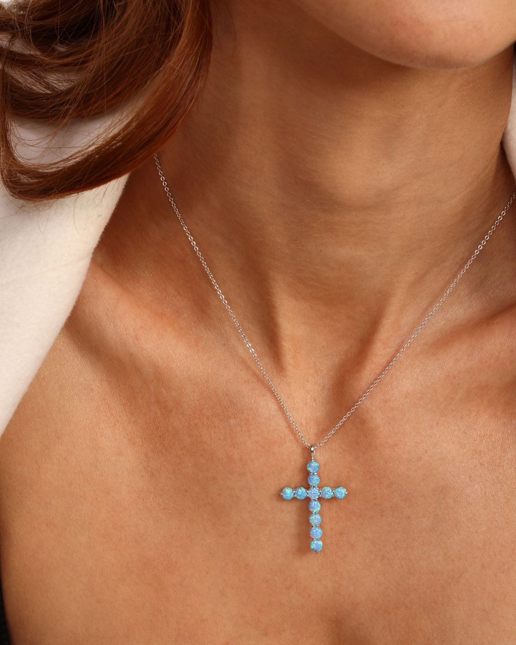 "Oh She Fancy" Cross Pendant 18" - Silver|Blue Opal