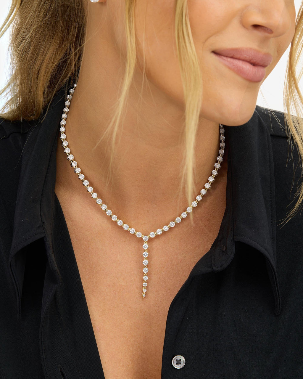She's an Icon Lariat Tennis Necklace 16" - Gold|White Diamondettes