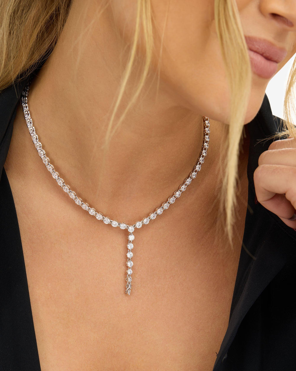 She's an Icon Lariat Tennis Necklace 16" - Silver|White Diamondettes