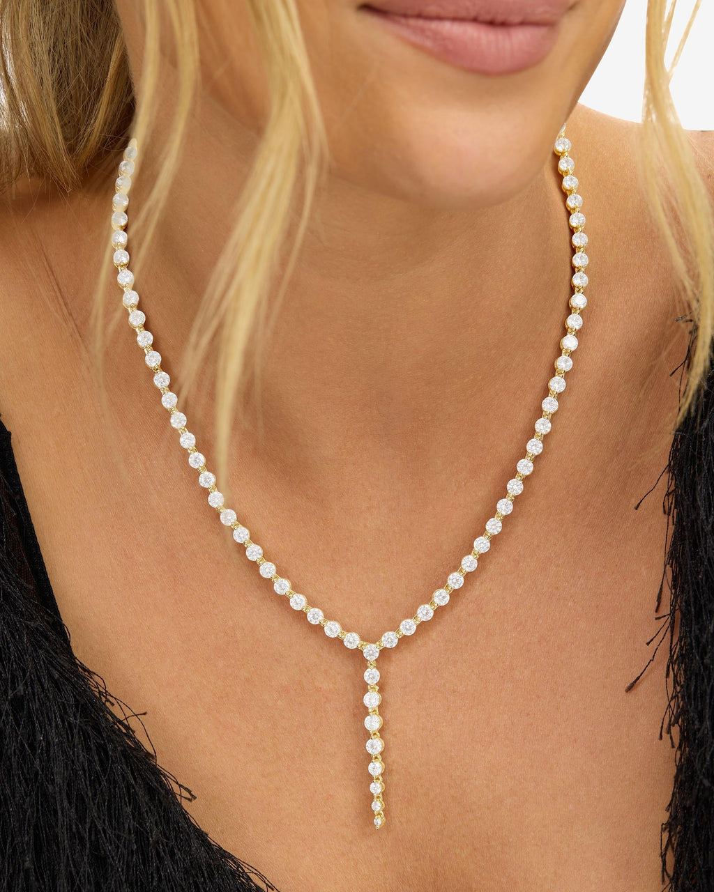 She's an Icon Lariat Tennis Necklace 18" - Gold|White Diamondettes